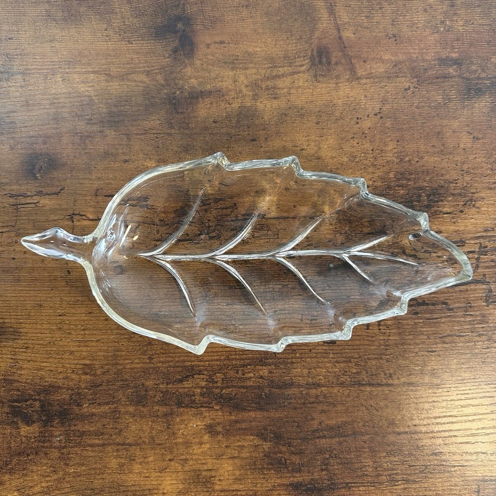 Vintage Clear Glass Leaf Shaped Relish Tray‎ Nut Trinket Dish 9.75" MCM